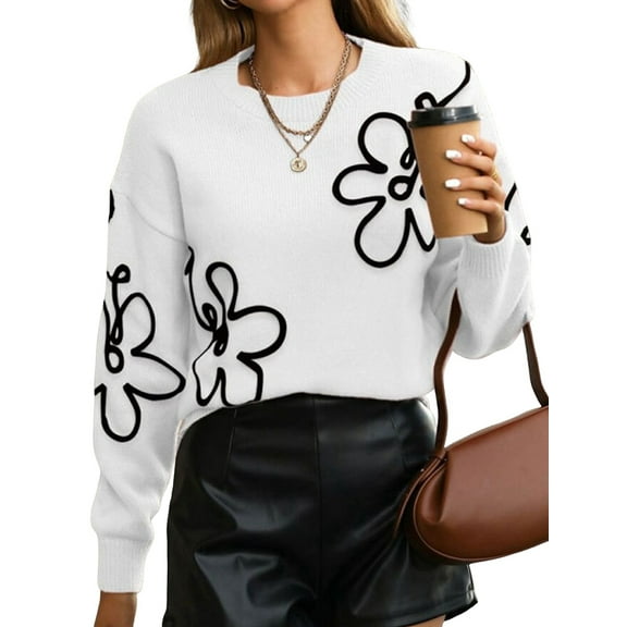 Women'S Off Shoulder Cable Knit Sweaters in Fall Pullover Cute Flower Crew Neck Long Sleeve Trendy Sweater White L
