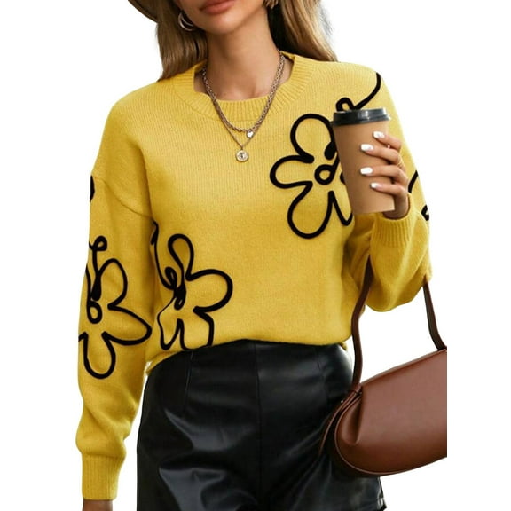 Women'S Off Shoulder Cable Knit Sweaters in Fall Pullover Cute Flower Crew Neck Long Sleeve Trendy Sweater Yellow S