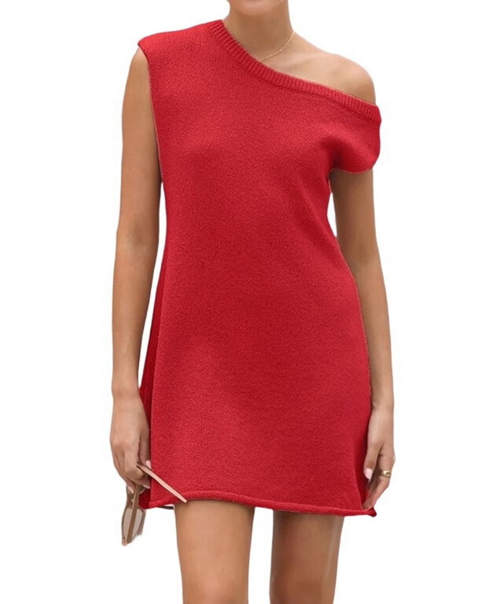 Women'S Off-Shoulder Cap Sleeves Dress Elastic Knit Lounge Mini Dress  Vacation Loose Dress Solid Beach Outfit Red L