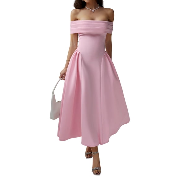 Women'S Off Shoulder Cocktail Long Zipper Evening Dress Pink XL