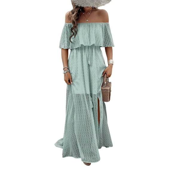 Women'S Off Shoulder Dot Maxi Dress Ruffle Corset Tassel High Waist Sundress Split Solid Casual Long Dress Gray Green M