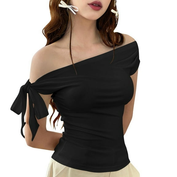 Women'S Off Shoulder Double Lined Crop Tops 2025 Going Out Sleeveless Asymmetrical Y2k Tops Black L