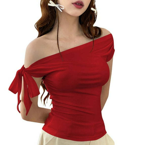 Women'S Off Shoulder Double Lined Crop Tops 2025 Going Out Sleeveless Asymmetrical Y2k Tops Red S
