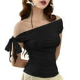 thumbnail image 1 of Women'S Off Shoulder Double Lined Crop Tops Going Out Sleeveless Asymmetrical Y2k Tops Black S, 1 of 6