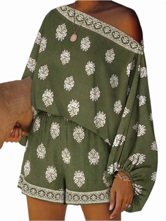 Women'S Off Shoulder Floral Print Playsuit Strapless Romper Short Jumpsuit Green M