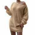 thumbnail image 1 of Women'S Off Shoulder Lantern Long Sleeve Sweater Dress Fall Loose Ribbed Knit Solid Mini Jumper Pullover Dresses Khaki L, 1 of 8