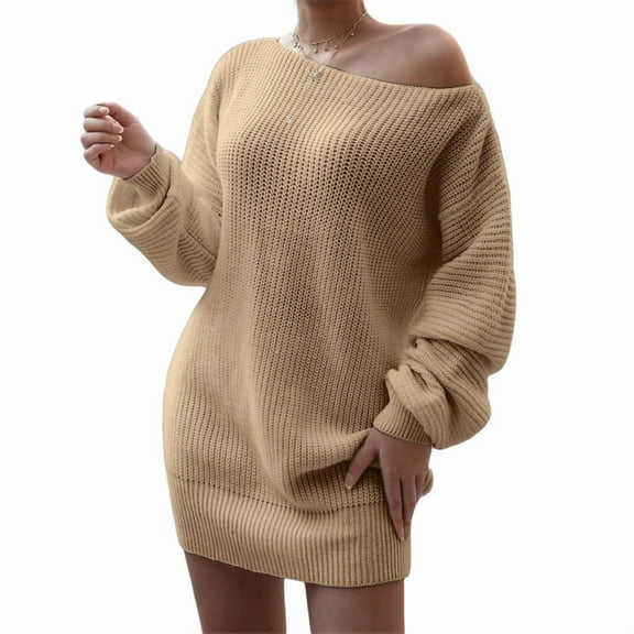 Women'S Off Shoulder Lantern Long Sleeve Sweater Dress Fall Loose Ribbed Knit Solid Mini Jumper Pullover Dresses Khaki M