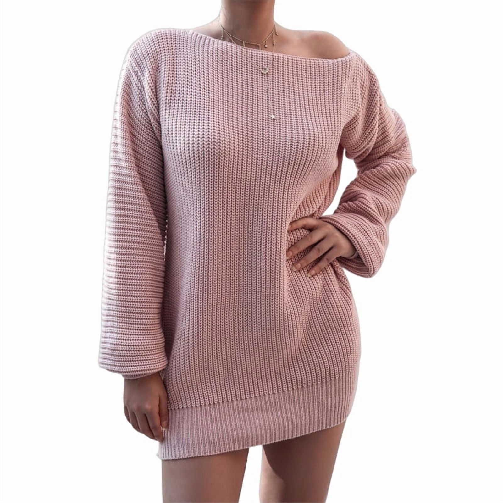 Women'S Off Shoulder Lantern Long Sleeve Sweater Dress Fall Loose Ribbed  Knit Solid Mini Jumper Pullover Dresses Pink M - Walmart.com