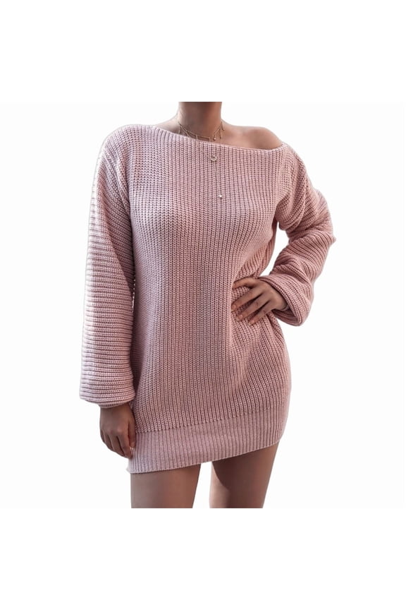 Women'S Off Shoulder Lantern Long Sleeve Sweater Dress Fall Loose Ribbed Knit Solid Mini Jumper Pullover Dresses Pink XL