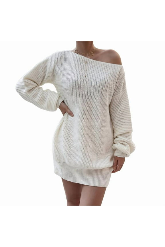Women'S Off Shoulder Lantern Long Sleeve Sweater Dress Fall Loose Ribbed Knit Solid Mini Jumper Pullover Dresses White L