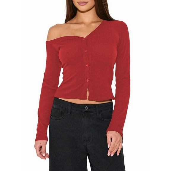Women'S Off-Shoulder Long Sleeve Front Open Cropped Cardigan Button Shirt Autumn Tops Wine Red M