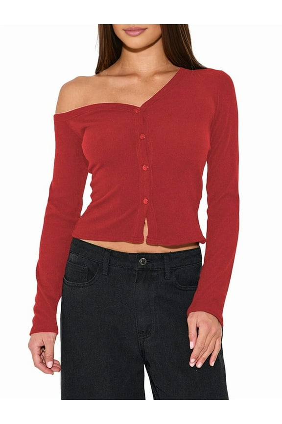 Women'S Off-Shoulder Long Sleeve Front Open Cropped Cardigan Button Shirt Autumn Tops Wine Red M