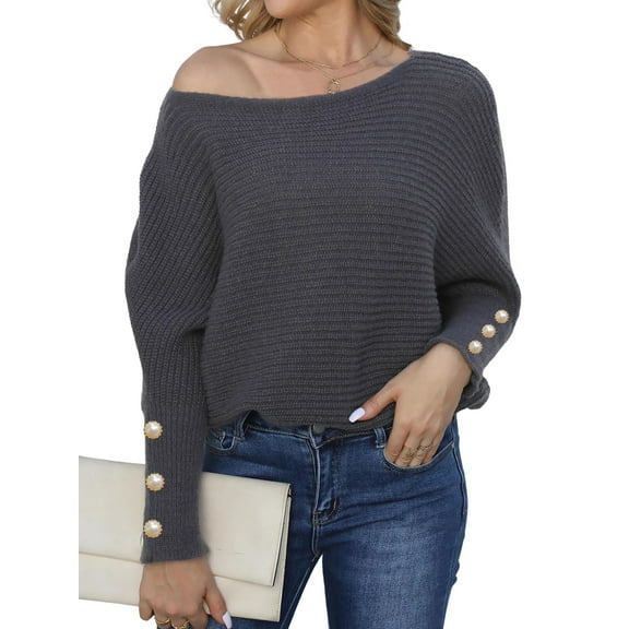 Women'S Off Shoulder Long Sleeve Solid Color Knitted Sweater Casual Loose Fall Trendy Pullover Tops Gray M