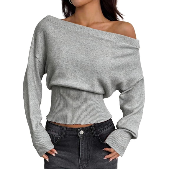 Women'S Off Shoulder Loose Waist-Cinching Slimming Long Sleeve Knit Sweater Gray XL