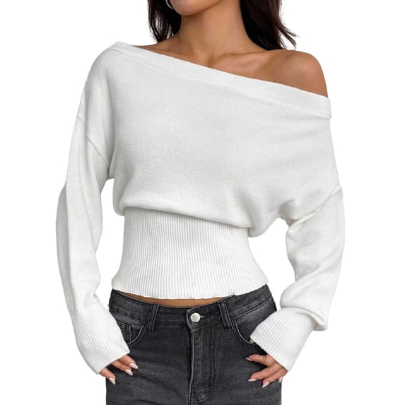 Women'S Off Shoulder Loose Waist-Cinching Slimming Long Sleeve Knit Sweater White XL