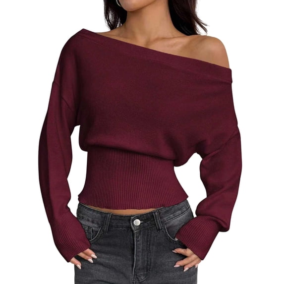 Women'S Off Shoulder Loose Waist-Cinching Slimming Long Sleeve Knit Sweater Wine Red XL