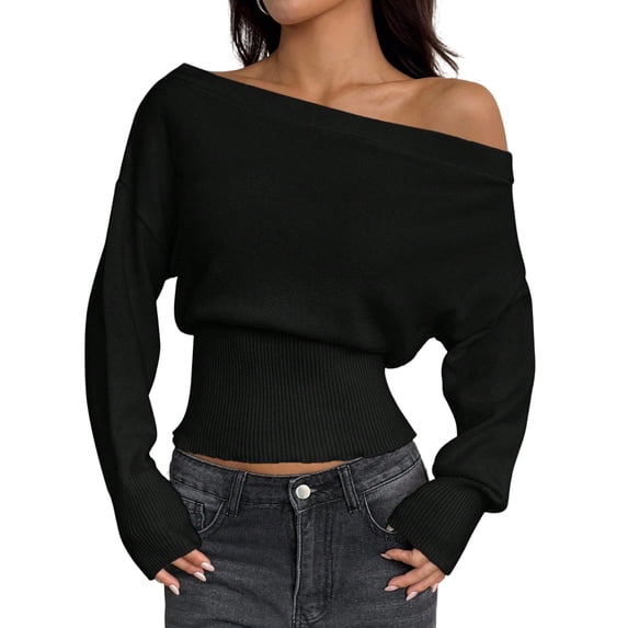 Women'S Off Shoulder Loose Waist-Cinching Slimming Long Sleeve Knit Sweater
