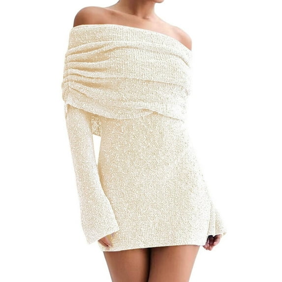 Women'S Off Shoulder Mini Skirt Bodycon Long Sleeve Crochet Out Going Mesh Elegant Sweater Dress Apricot L