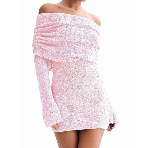 Women'S Off Shoulder Mini Skirt Bodycon Long Sleeve Crochet Out Going Mesh Elegant Sweater Dress Pink S