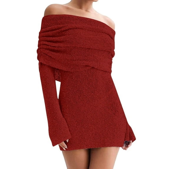 Women'S Off Shoulder Mini Skirt Bodycon Long Sleeve Crochet Out Going Mesh Elegant Sweater Dress Red L
