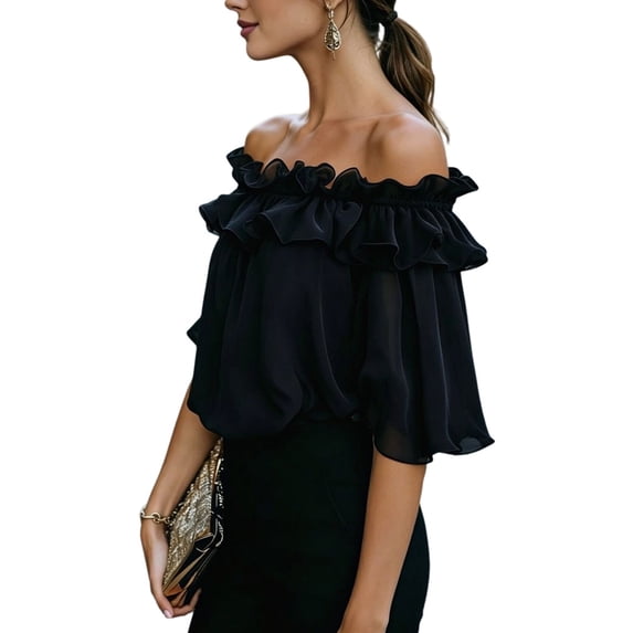 Women'S Off Shoulder Ruffle Short Sleeve Chiffon Blouse Black XXL