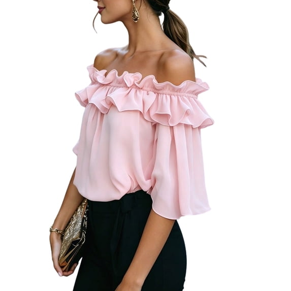 Women'S Off Shoulder Ruffle Short Sleeve Chiffon Blouse Pink XXL