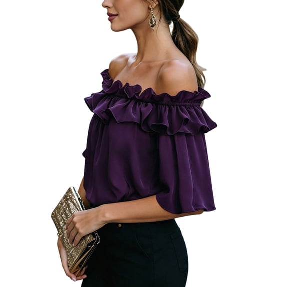 Women'S Off Shoulder Ruffle Short Sleeve Chiffon Blouse S