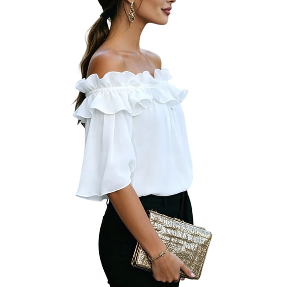Women'S Off Shoulder Ruffle Short Sleeve Chiffon Blouse White L