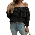 thumbnail image 1 of Women'S Off Shoulder Ruffle Trendy Summer Fashion Long Sleeve Blouse Sexy- Dressy Casual Outfits Layered Tops Black L, 1 of 7