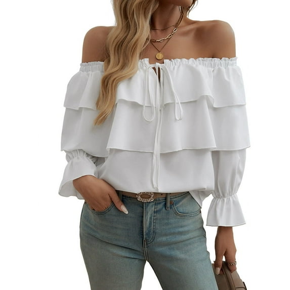 Women'S Off Shoulder Ruffle Trendy Summer Fashion Long Sleeve Blouse Sexy- Dressy Casual Outfits Layered Tops White XL
