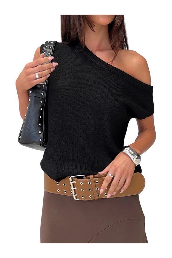 Women'S Off Shoulder Short Sleeve Knit Sweater Top Asymmetric Pullover Tops Y2k One Shoulder Tee