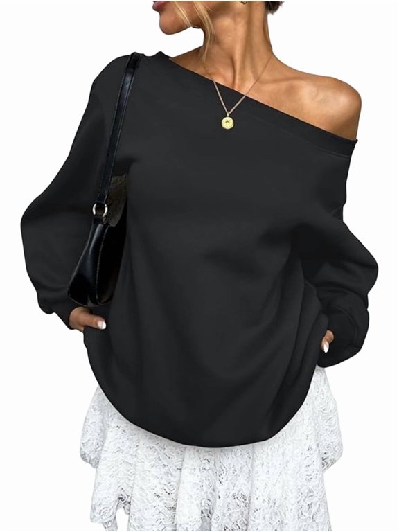 Women'S Off Shoulder Sweatshirt Drop Shoulder Oversized Long Sleeve Pullover Top Black L