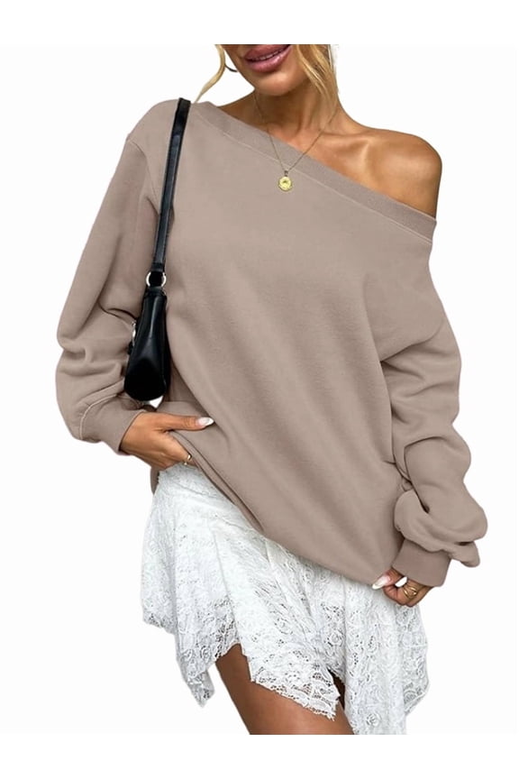 Women'S Off Shoulder Sweatshirt Drop Shoulder Oversized Long Sleeve Pullover Top Camel Color XL