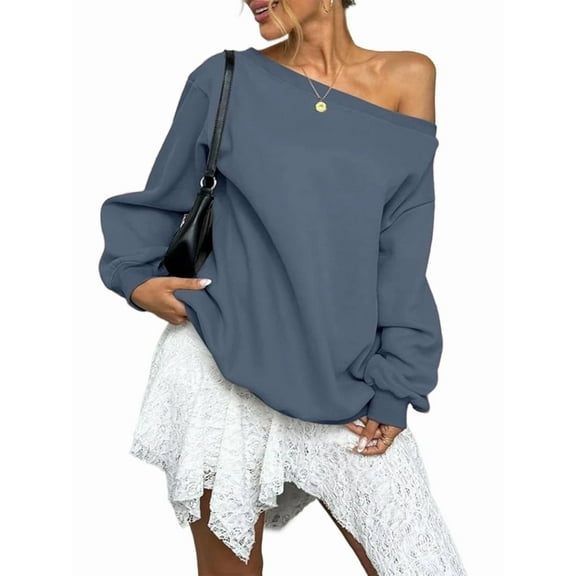 Women'S Off Shoulder Sweatshirt Drop Shoulder Oversized Long Sleeve Pullover Top Deep Blue S