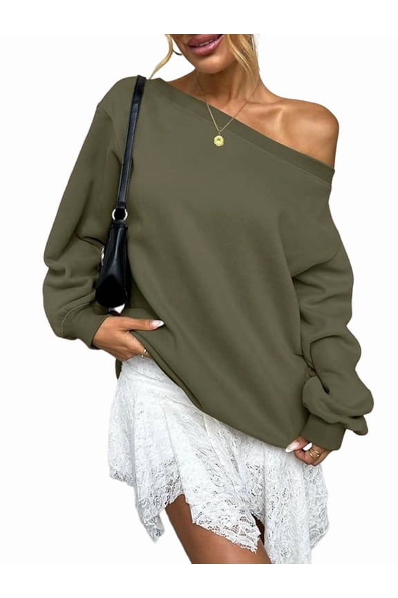 Women'S Off Shoulder Sweatshirt Drop Shoulder Oversized Long Sleeve Pullover Top Green M
