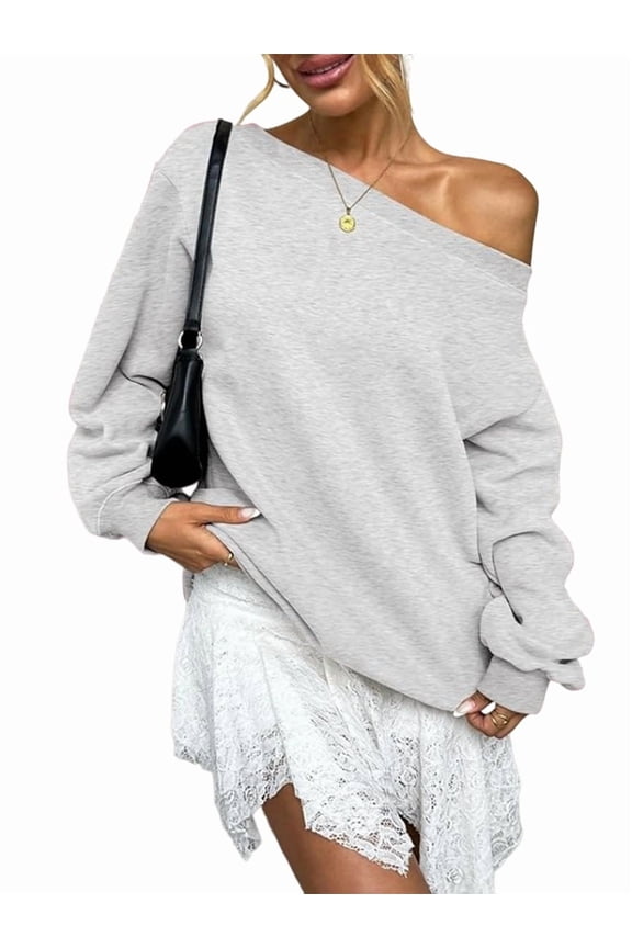 Women'S Off Shoulder Sweatshirt Drop Shoulder Oversized Long Sleeve Pullover Top Light Gray L