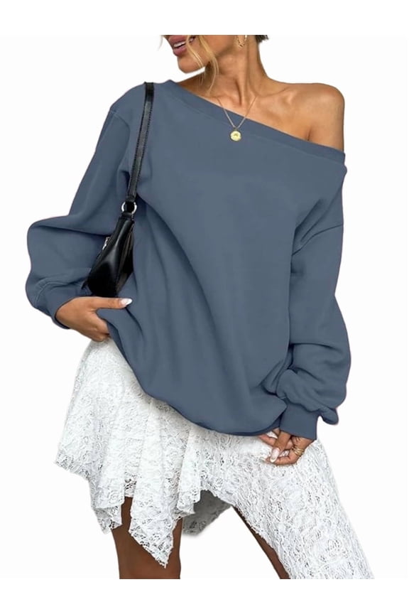 Women'S Off Shoulder Sweatshirt Drop Shoulder Oversized Long Sleeve Pullover Top Deep Blue M