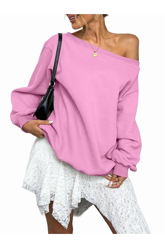 Women'S Off Shoulder Sweatshirt Drop Shoulder Oversized Long Sleeve Pullover Top Pink XXL