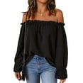 thumbnail image 1 of Women'S Off Shoulder Top Ruffle Long Sleeve Chiffon Blouse Casual Loose Shirts Black L, 1 of 8