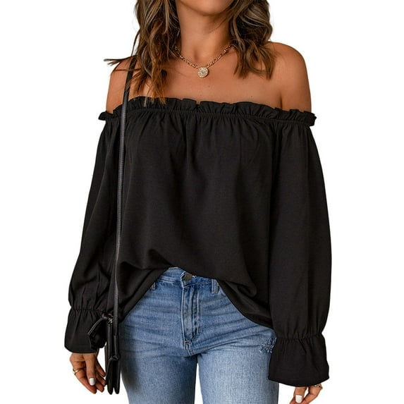 Women'S Off Shoulder Top Ruffle Long Sleeve Chiffon Blouse Casual Loose Shirts Black XL