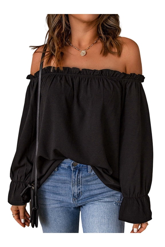 Women'S Off Shoulder Top Ruffle Long Sleeve Chiffon Blouse Casual Loose Shirts Black XL