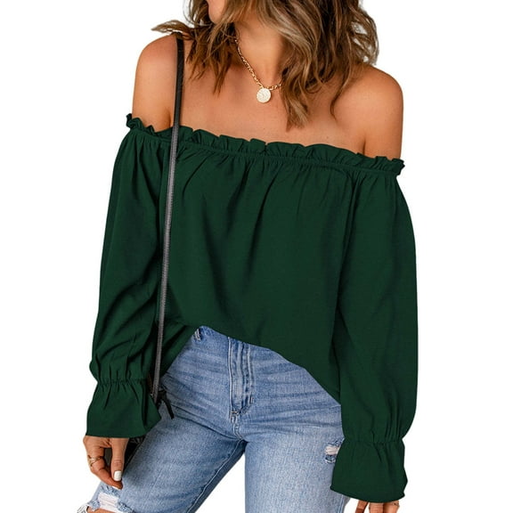 Women'S Off Shoulder Top Ruffle Long Sleeve Chiffon Blouse Casual Loose Shirts Green XXL