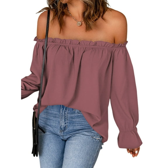 Women'S Off Shoulder Top Ruffle Long Sleeve Chiffon Blouse Casual Loose Shirts Lotus Root Color S