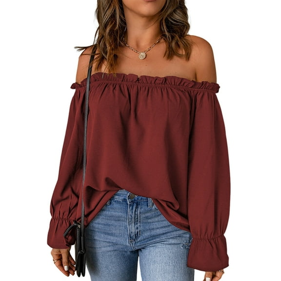 Women'S Off Shoulder Top Ruffle Long Sleeve Chiffon Blouse Casual Loose Shirts Wine Red L