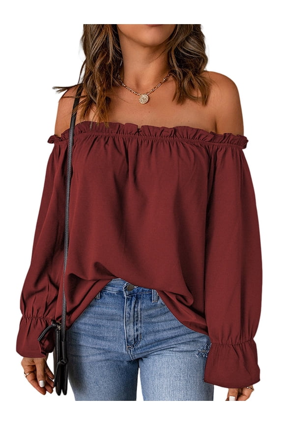 Women'S Off Shoulder Top Ruffle Long Sleeve Chiffon Blouse Casual Loose Shirts Wine Red L