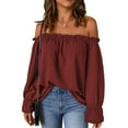 thumbnail image 1 of Women'S Off Shoulder Top Ruffle Long Sleeve Chiffon Blouse Casual Loose Shirts Wine Red XXL, 1 of 7