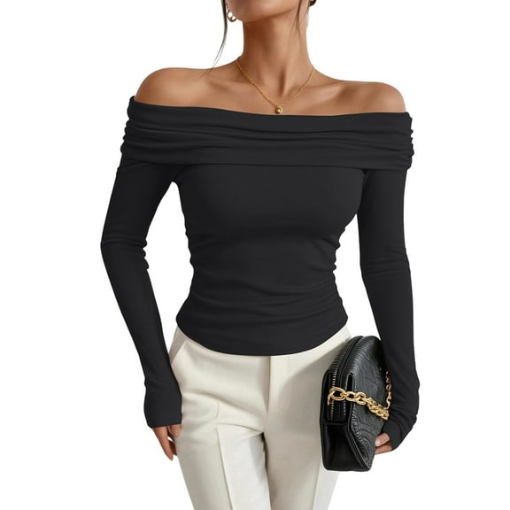 Women'S Off Shoulder Tops Dressy Casual Slim Fit Long Sleeves Spring Fall Blouse Going Out Shirt Black M