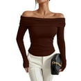 thumbnail image 1 of Women'S Off Shoulder Tops Dressy Casual Slim Fit Long Sleeves Spring Fall Blouse Going Out Shirt Coffee Color L, 1 of 8