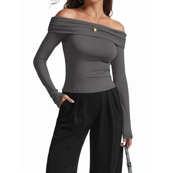Women'S Off Shoulder Tops Dressy Casual Slim Fit Long Sleeves Spring Fall Blouse Going Out Shirt Grey XL