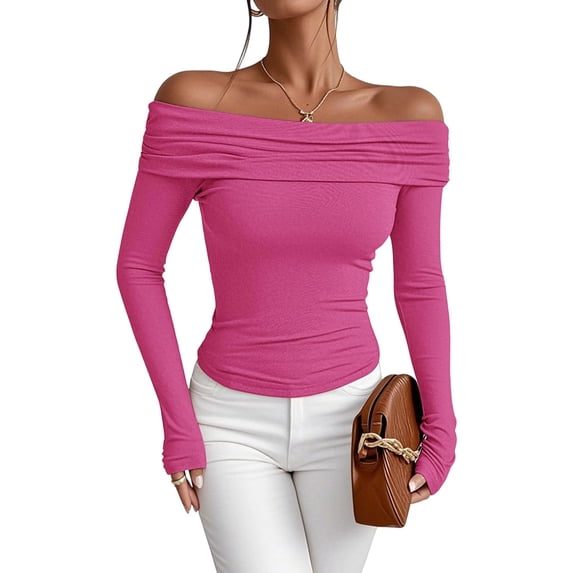Women'S Off Shoulder Tops Dressy Casual Slim Fit Long Sleeves Spring Fall Blouse Going Out Shirt Rose Red M